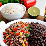 Fresh Ingredients for Gallo Pinto**

A vibrant, eye-level shot showcasing the key fresh ingredients for Gallo Pinto. Include cooked rice (separated grains), cooked black beans (with some cooking liquid), diced red bell pepper, diced white onion, and chopped cilantro. The ingredients should be arranged attractively to highlight their colors and textures. Optionally include Salsa Lizano bottle in the background.

**